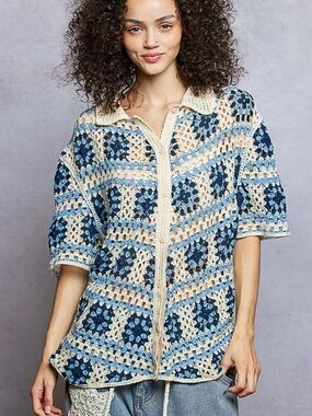 POL Crochet Button-Up Shirt in Blue and Cream